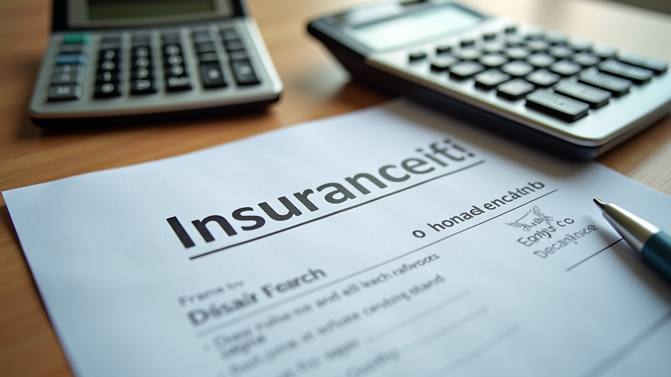 High angle view of a calculator and insurance forms on a desk