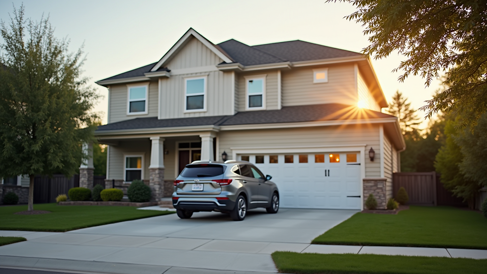 Eye-level view of a suburban house with a parked car in the driveway