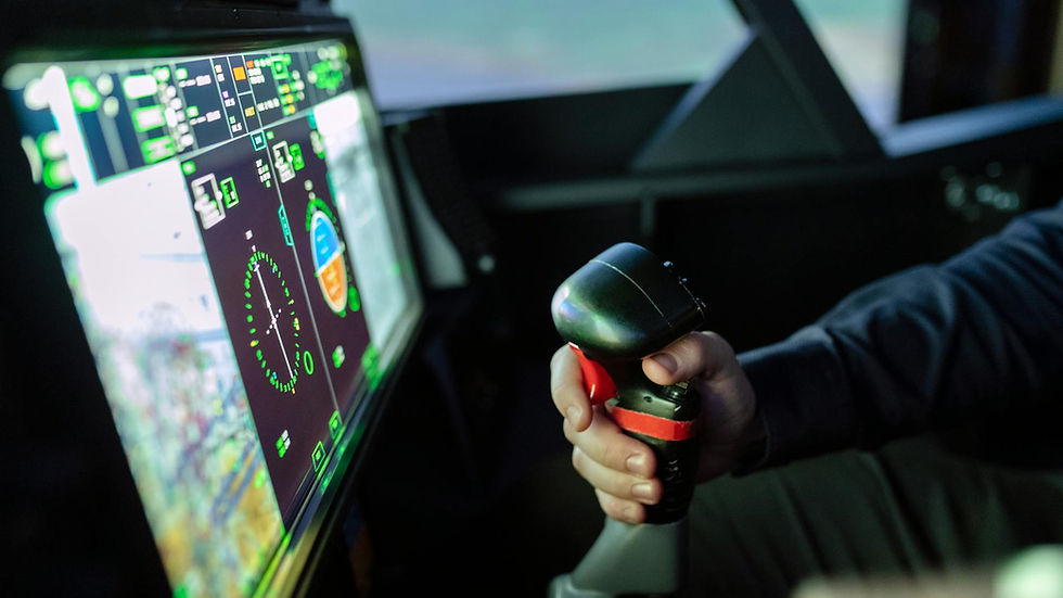 Close-up of a simulated aircraft cockpit with control joystick and digital display.