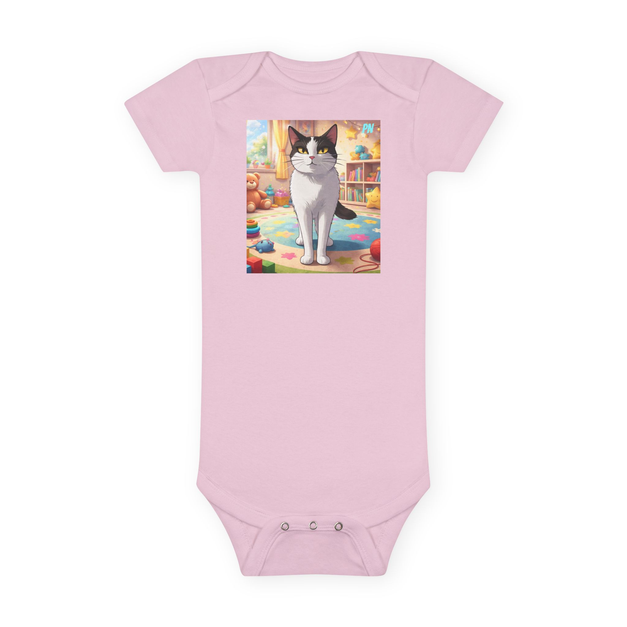 Cute Tuxedo Cat Baby Onesie - Nursery Playroom Illustration