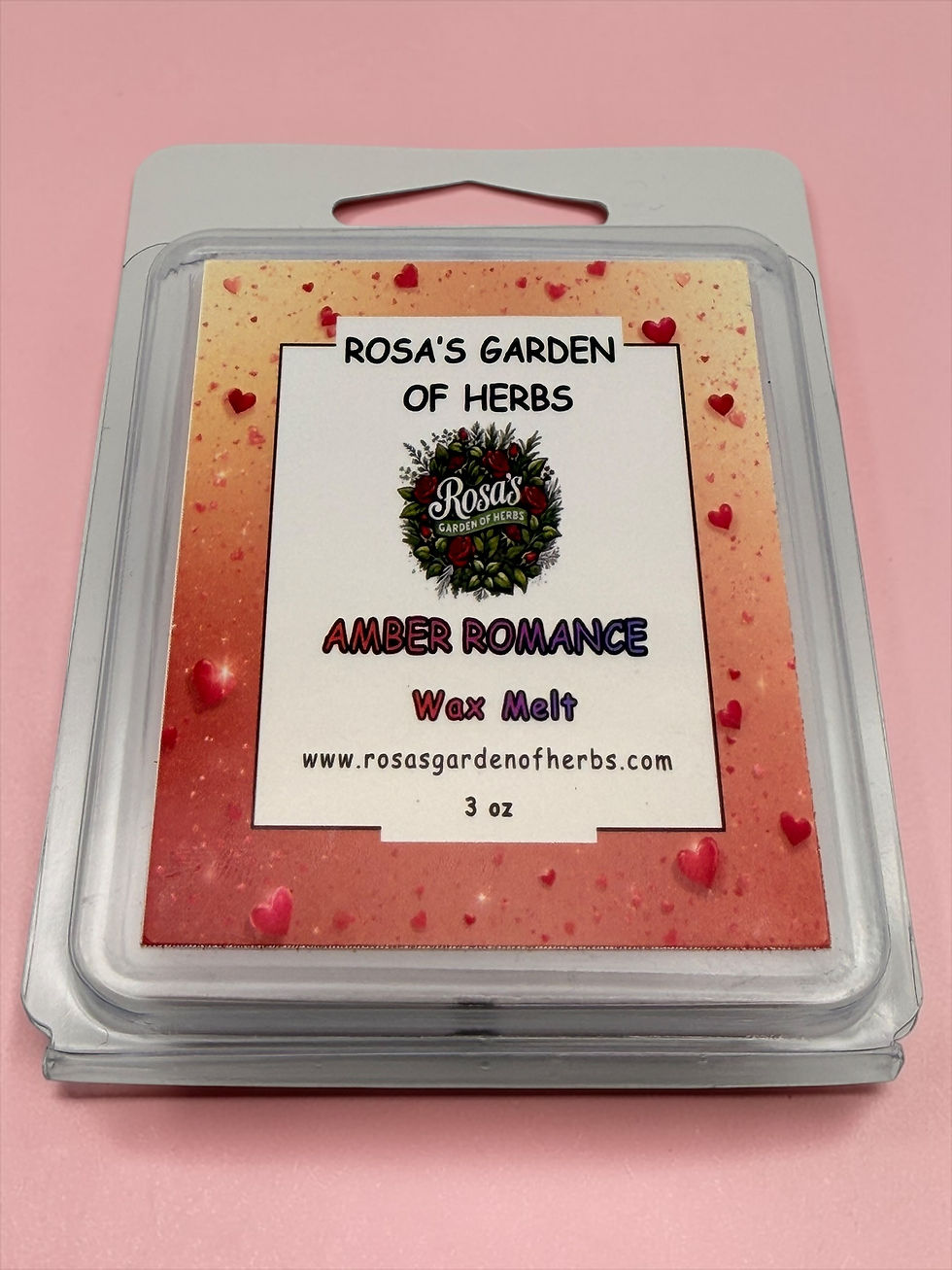 Amber Romance 3 oz luxury soy wax melt in a clear clamshell