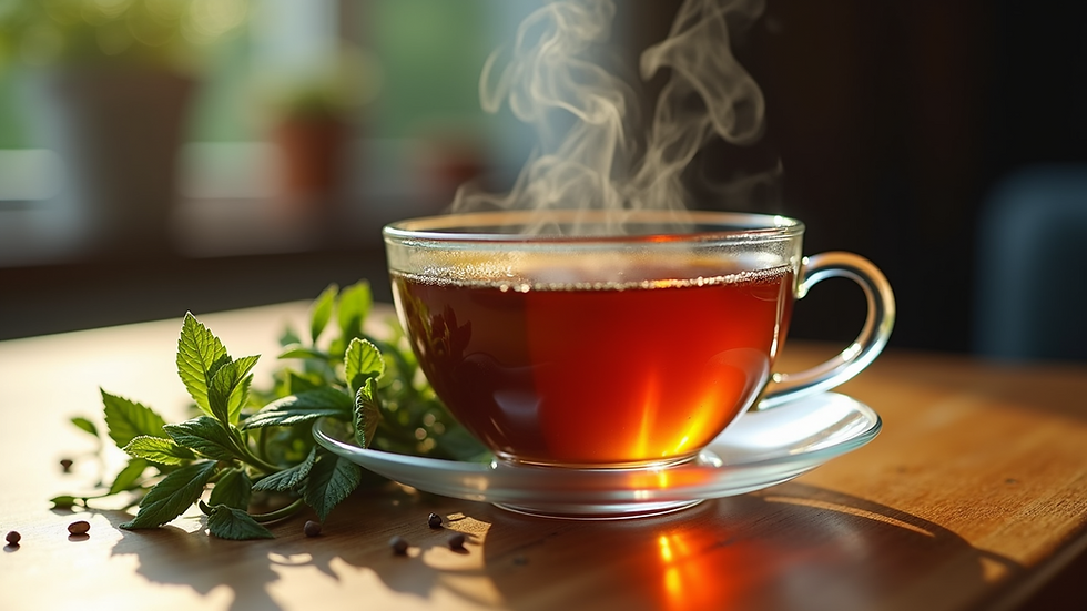 Eye-level view of a steaming cup of herbal tea with fresh herbs beside it
