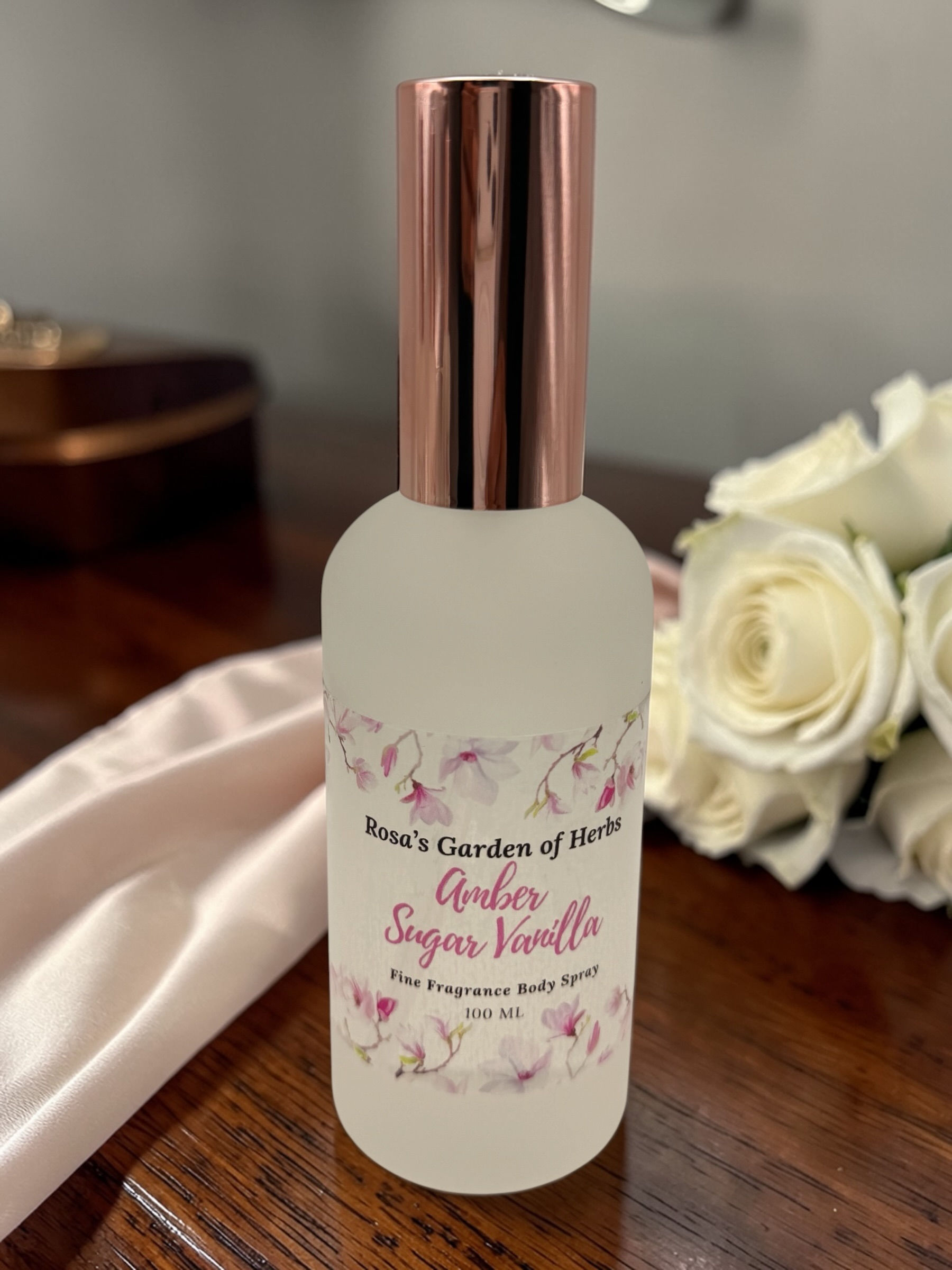 Amber Sugar Vanilla fine fragrance luxury body spray bottle by Rosa’s Garden of Herbs