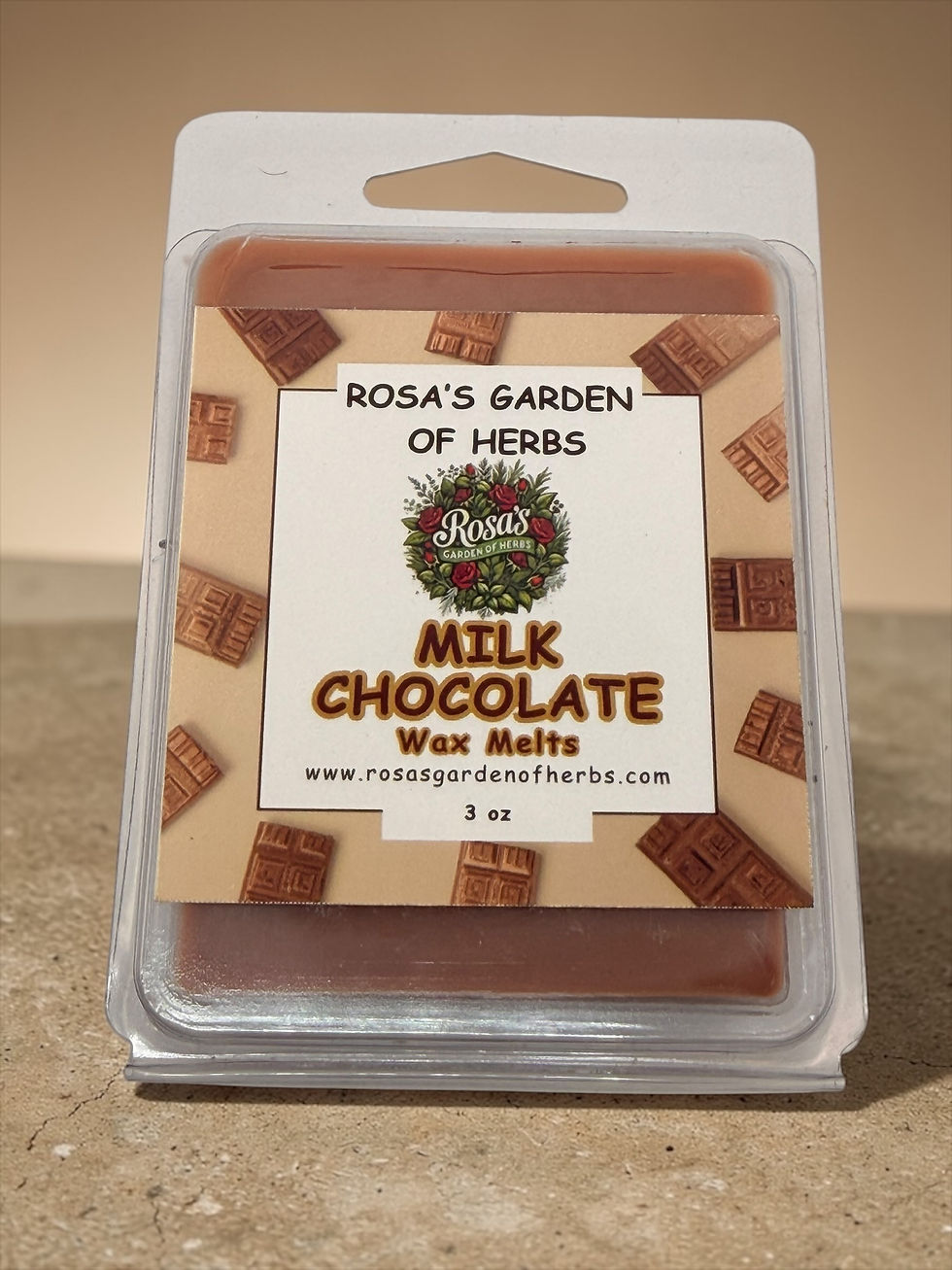 Thumbnail: Milk Chocolate wax melts 3 oz clamshell with chocolate bar label on gray background