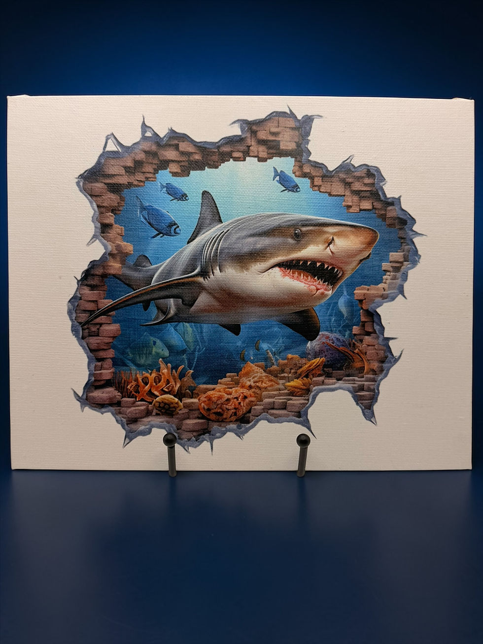 3D shark breakthrough canvas sign with underwater ocean scene on stand