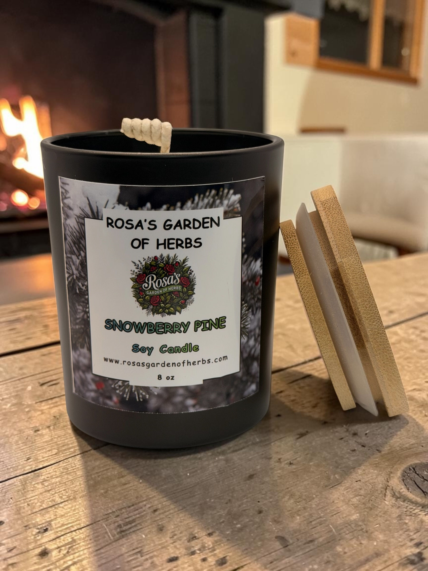 Snowberry Pine 8oz candle in a jar with a fresh woodsy winter-inspired fragrance