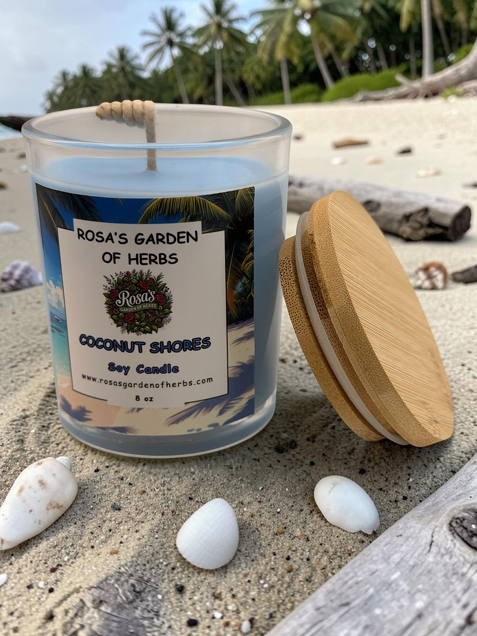 Miniatura: Coconut Shores 8 oz candle by Rosa’s Garden of Herbs with a soft coastal-inspired scent