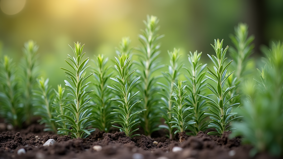 Eye-level view of a small organic herb garden with rosemary and thyme
