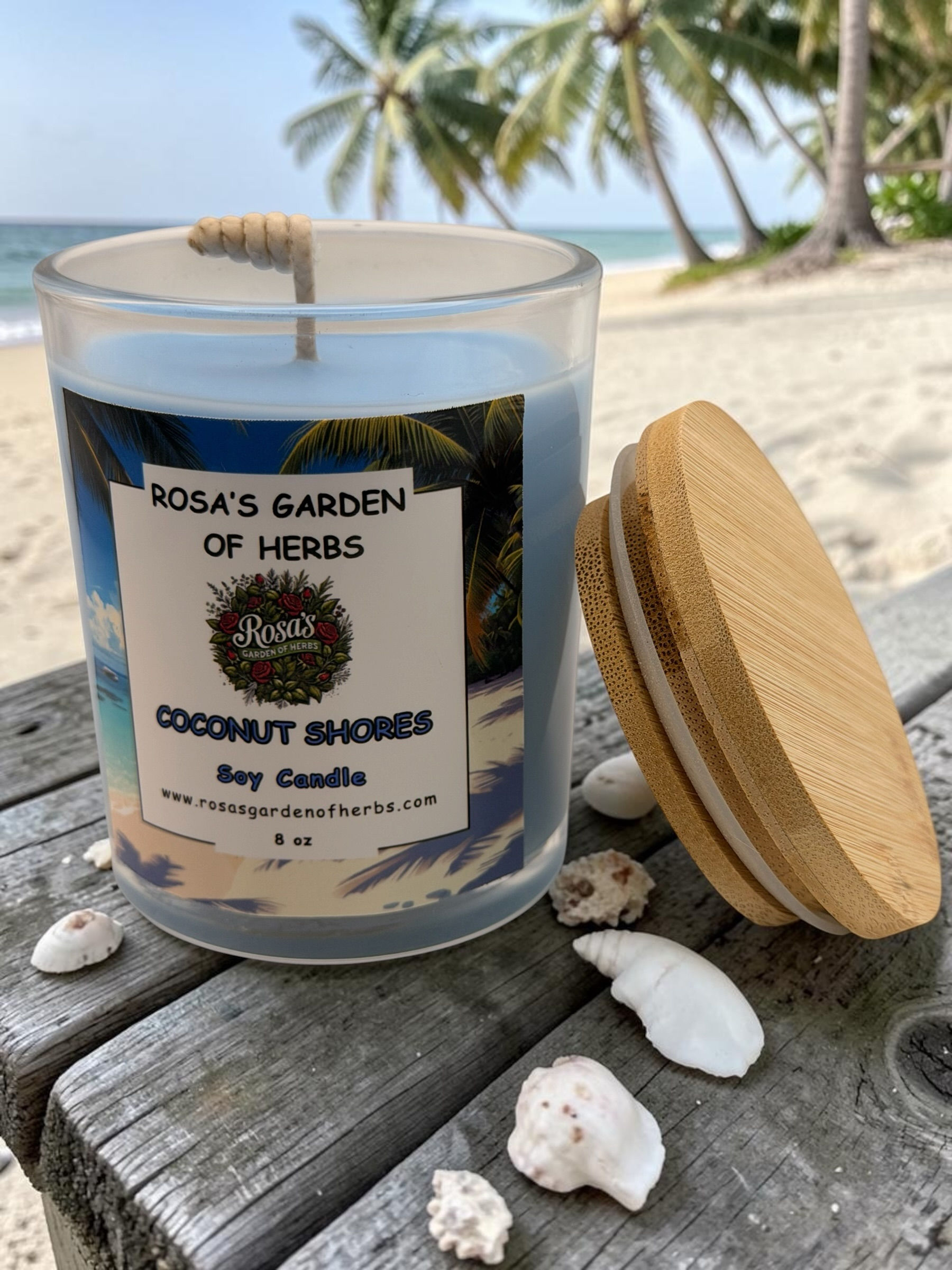 Coconut Shores 8 oz candle by Rosa’s Garden of Herbs with a soft coastal-inspired scent