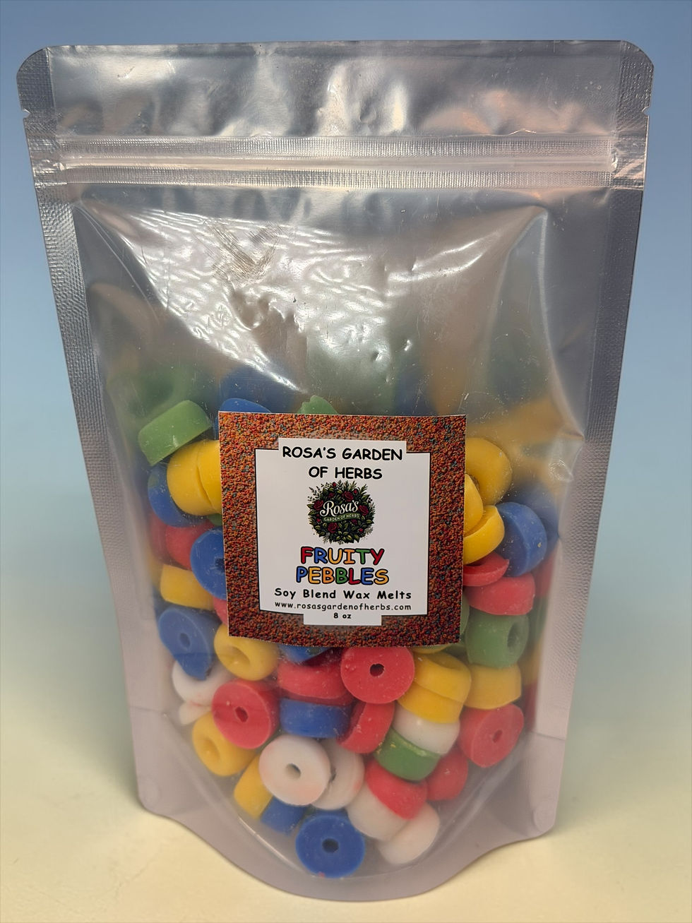 Thumbnail: Fruity Pebbles cereal soy blend wax melts in colorful ring shapes in 8 oz bag