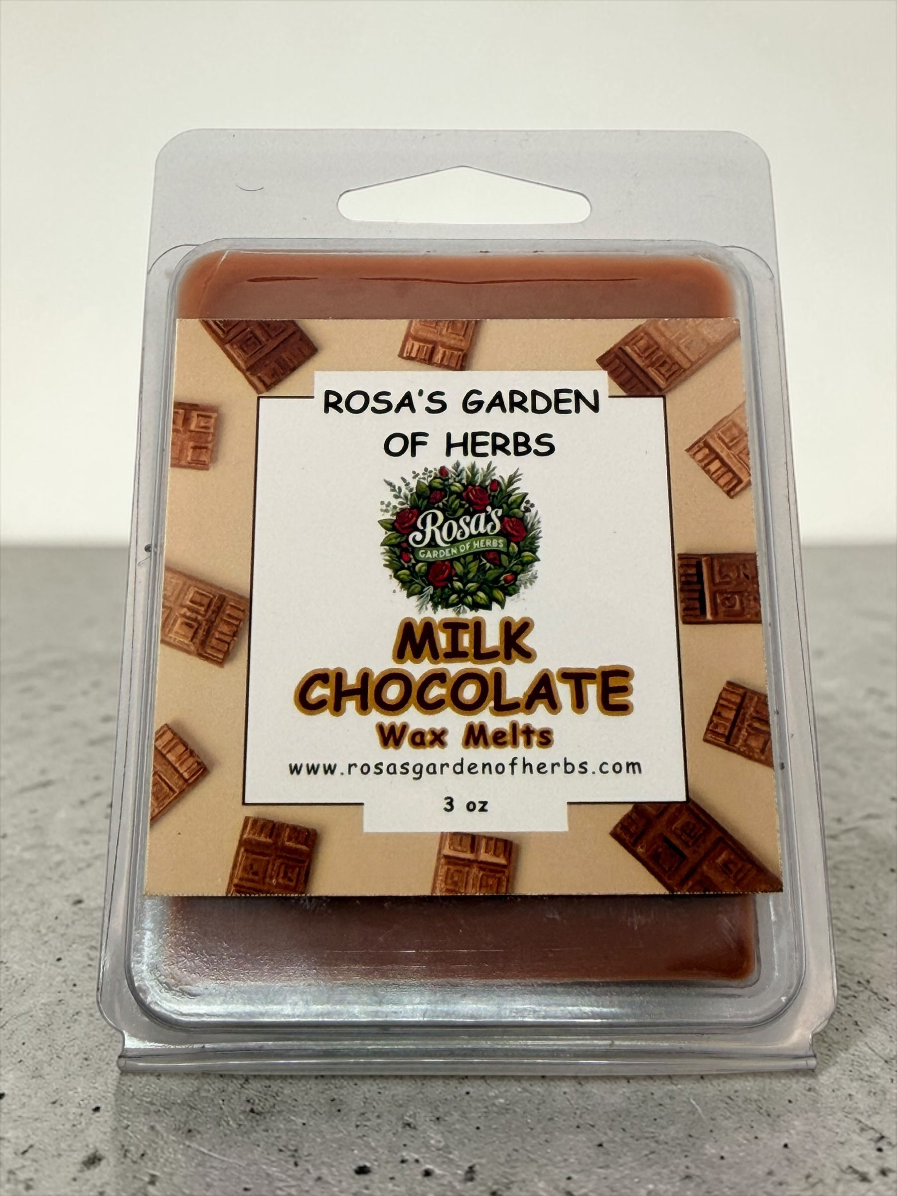 Milk Chocolate wax melts 3 oz clamshell with chocolate bar label on gray background