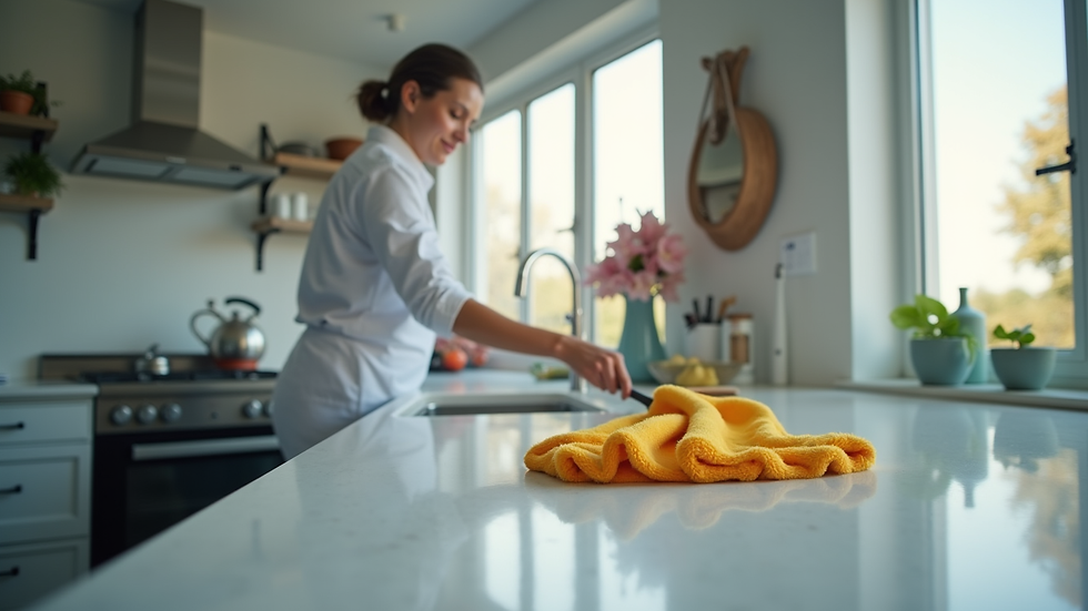 High angle view of a professional cleaner wiping a kitchen countertop