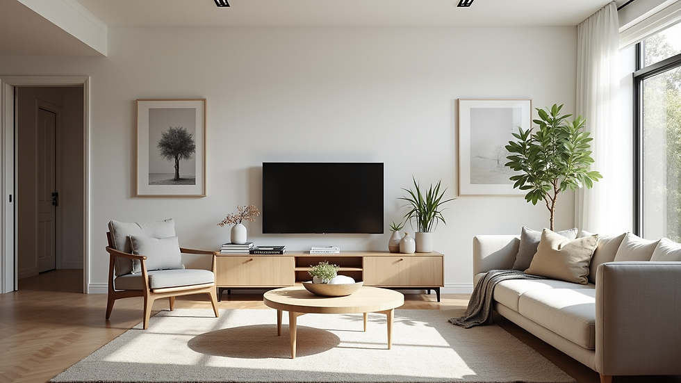 Eye-level view of a clean and organized living room in North Melbourne