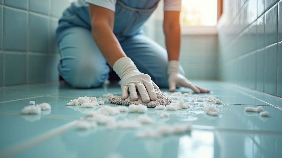 Close-up view of a professional cleaner scrubbing bathroom tiles