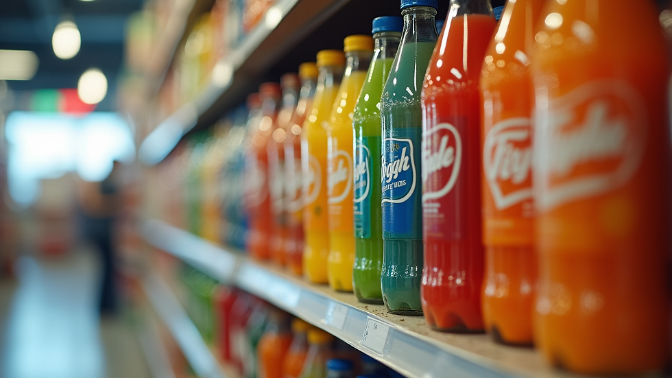 Eye-level view of a retail shelf with colorful beverage packaging standing out