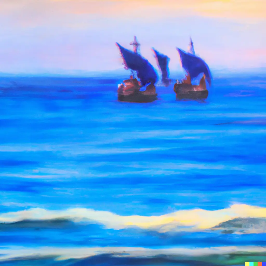 Impressionistic painting of three caravels