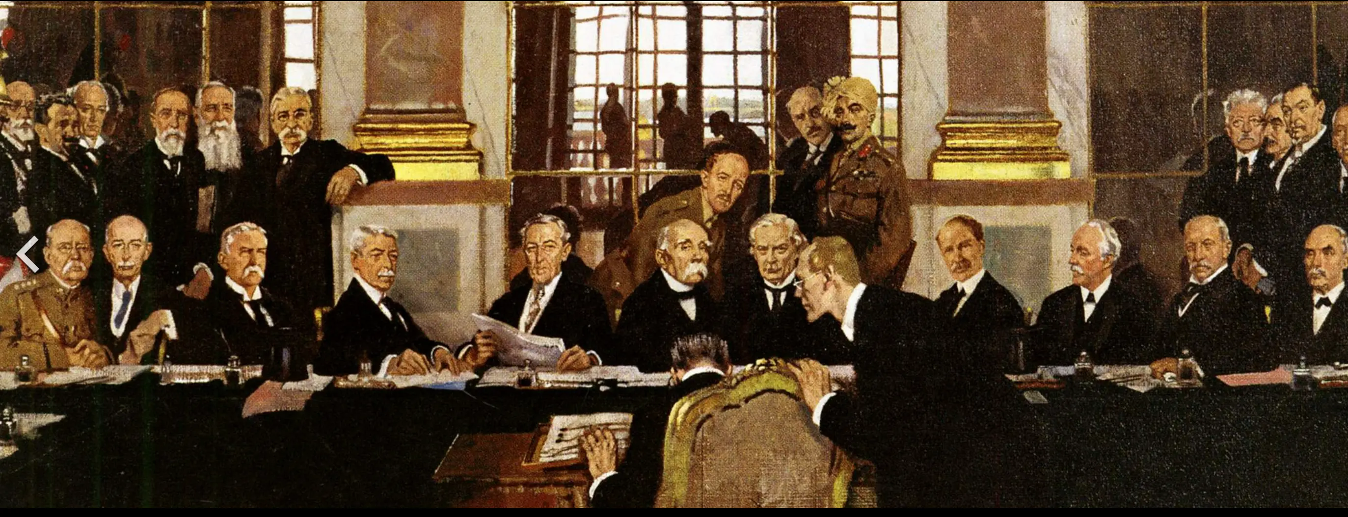 German delegate Johannes Bell signing the Treaty of Versailles in the Hall of Mirrors, with various Allied delegations looking on