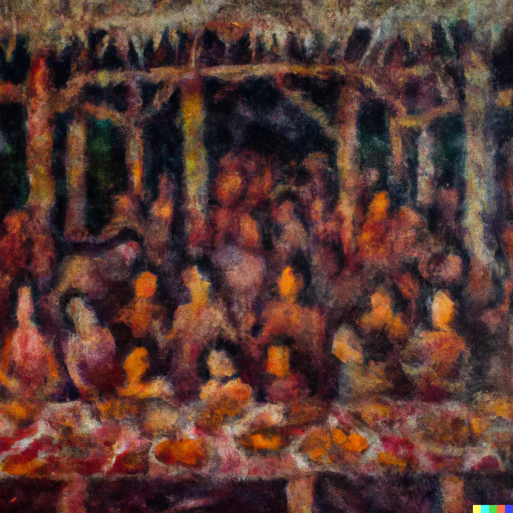 Abstract impressionist painting of natives at a banquet