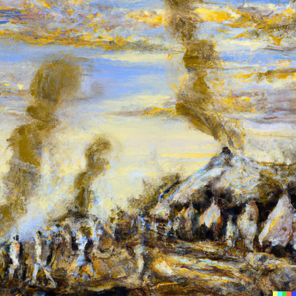 Abstract impressionistic painting of a burning village