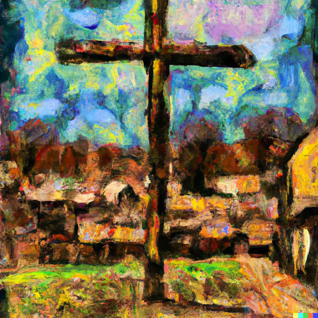 Impressionistic painting of a cross in a village