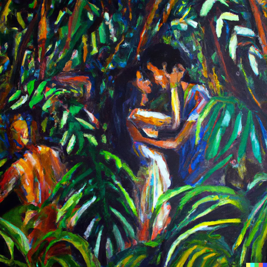 Impressionistic painting of a couple embracing in the jungle