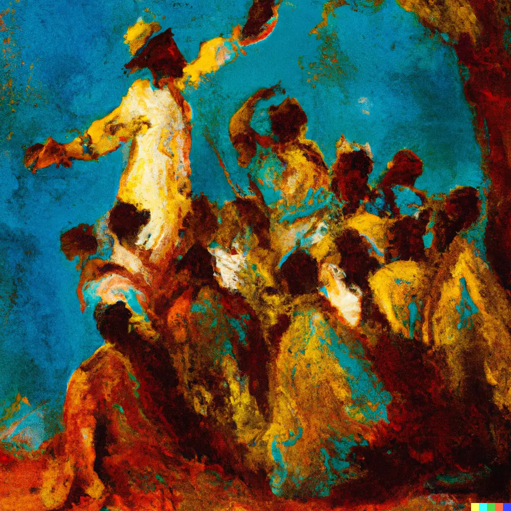 Abstract impressionistic painting of a man preaching to a crowd