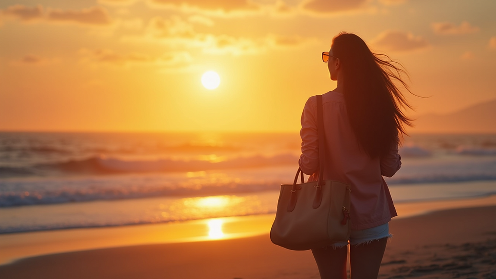 Eye-level view of a traveler enjoying a scenic beach sunset