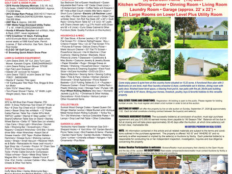 Vehicles, Snowplow, Golf Cart (gas), Fishing Boat, 4-Wheeler, JD Zero Turn Lawnmower, JD Tractor with Tiller, JD Riding Lawn Mower, Furniture (good quality), Collectibles, Household, Tools, Sporting Goods