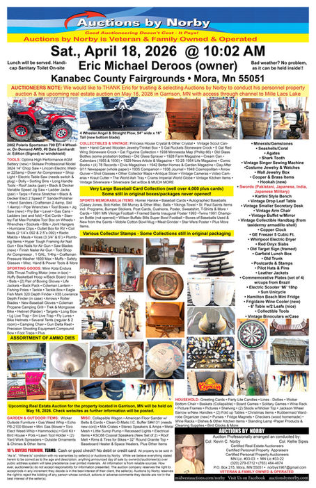 Auction Sat., April 18, 2026 Kanabec County Fairgrounds, Mora, MN