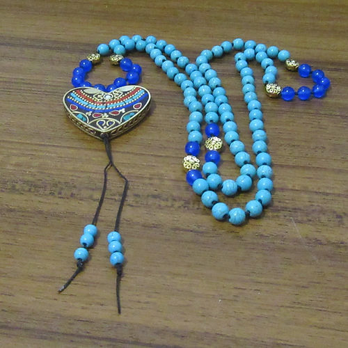 Necklace Hand Knotted Mala, Kashmiri Heart Pendant Turquoise Gemstones 130cms