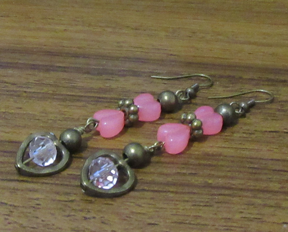 Thumbnail: Earrings Dangle: Wire Wrapped Pink Hearts Silver Wire, Silver Heart Frame Pink B