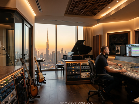 Music recording studio in Dubai with professional vocal recording booth audio engineering setup and premium production environment