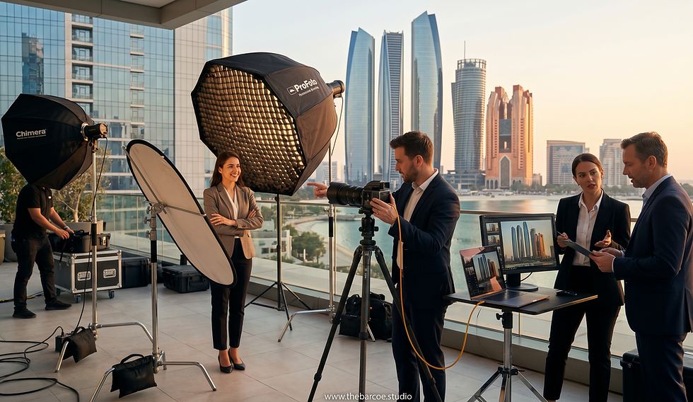 Abu Dhabi photography production featuring professional commercial photographers creating premium corporate brand imagery with advanced lighting equipment