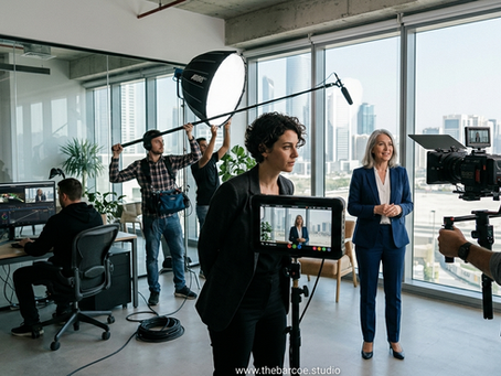 Professional video production Abu Dhabi with a cinematic film crew using cinema cameras, studio lighting, and creative direction for a corporate brand video.