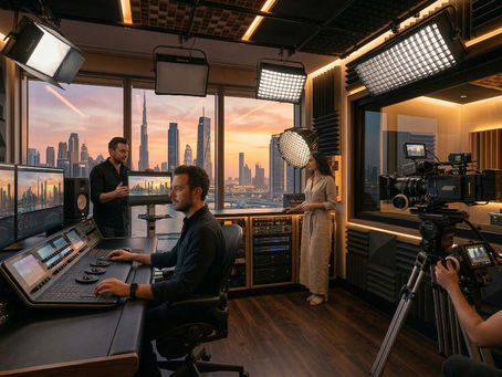 professional video production studio dubai with cinema camera lighting setup and director filming commercial scene