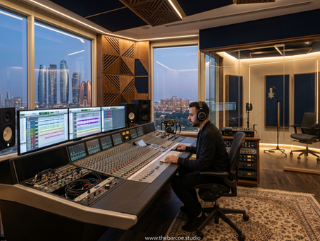 Luxury recording studio in Abu Dhabi with mixing console acoustic panels and premium creative production setup