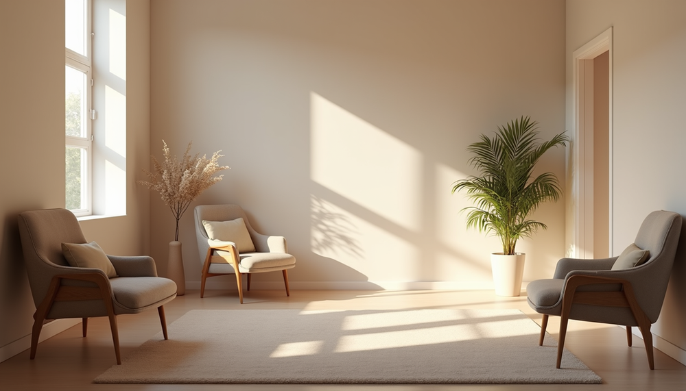 Eye-level view of a calm therapy room with comfortable chairs and soft lighting
