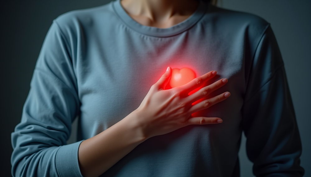Close-up view of a person holding their chest, indicating heart palpitations