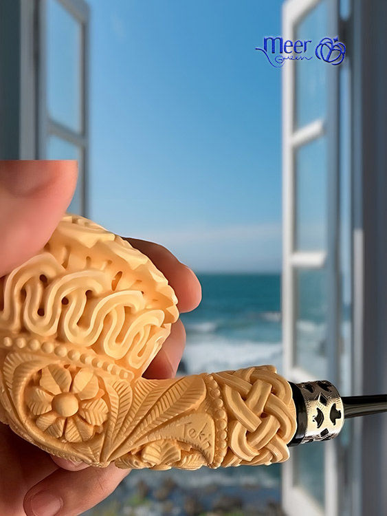 Thumbnail: Floral Block Meerschaum Pipes with silver ring
