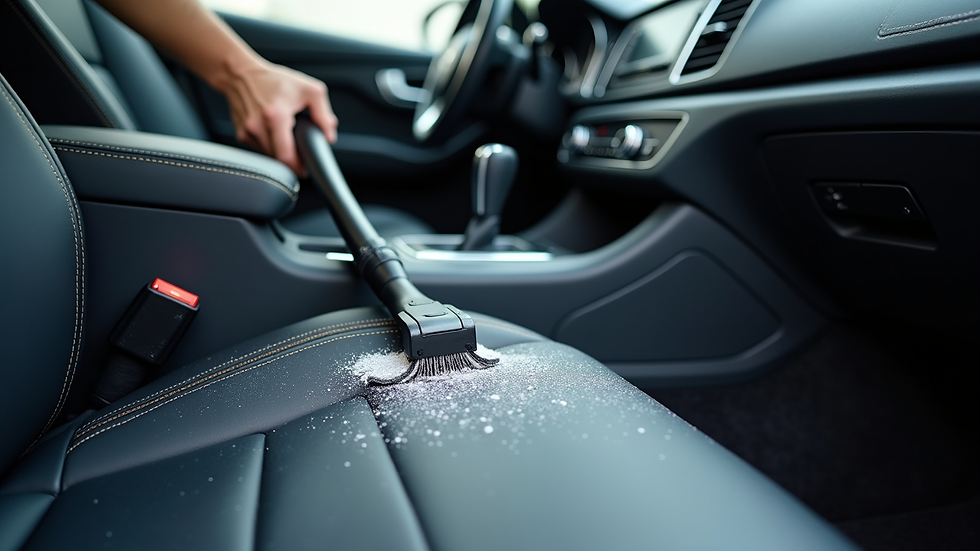 Close-up view of a car interior being vacuumed and cleaned