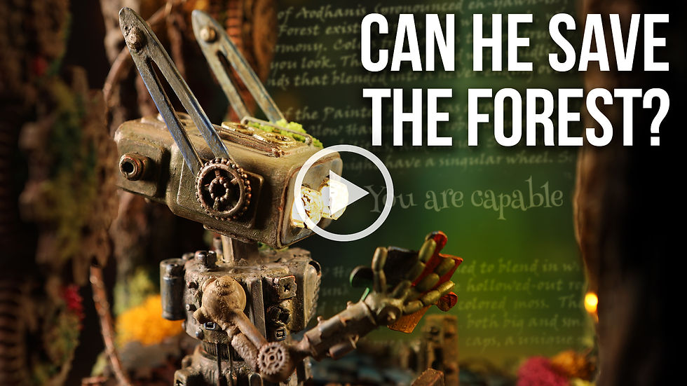 Listen to the short story of Puzz-L the Capable and watch the steps taken to build all the pieces for the diorama of "The Robot, the Butterfly, and the Lantern."