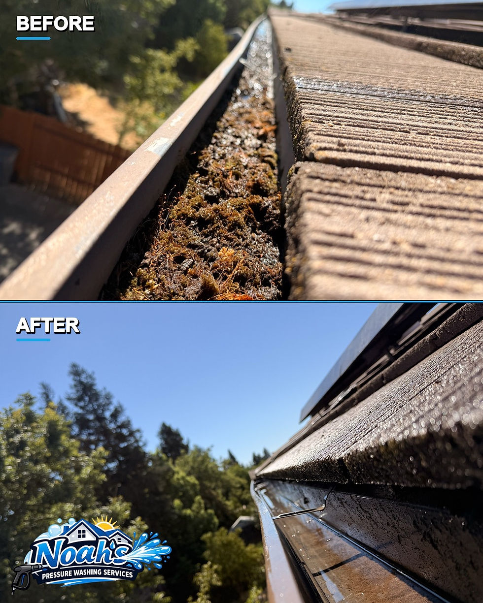 Before-and-after gutter-cleaning comparison, showing visible debris before and a cleared gutter channel after, with Noah's Pressure Washing branding.