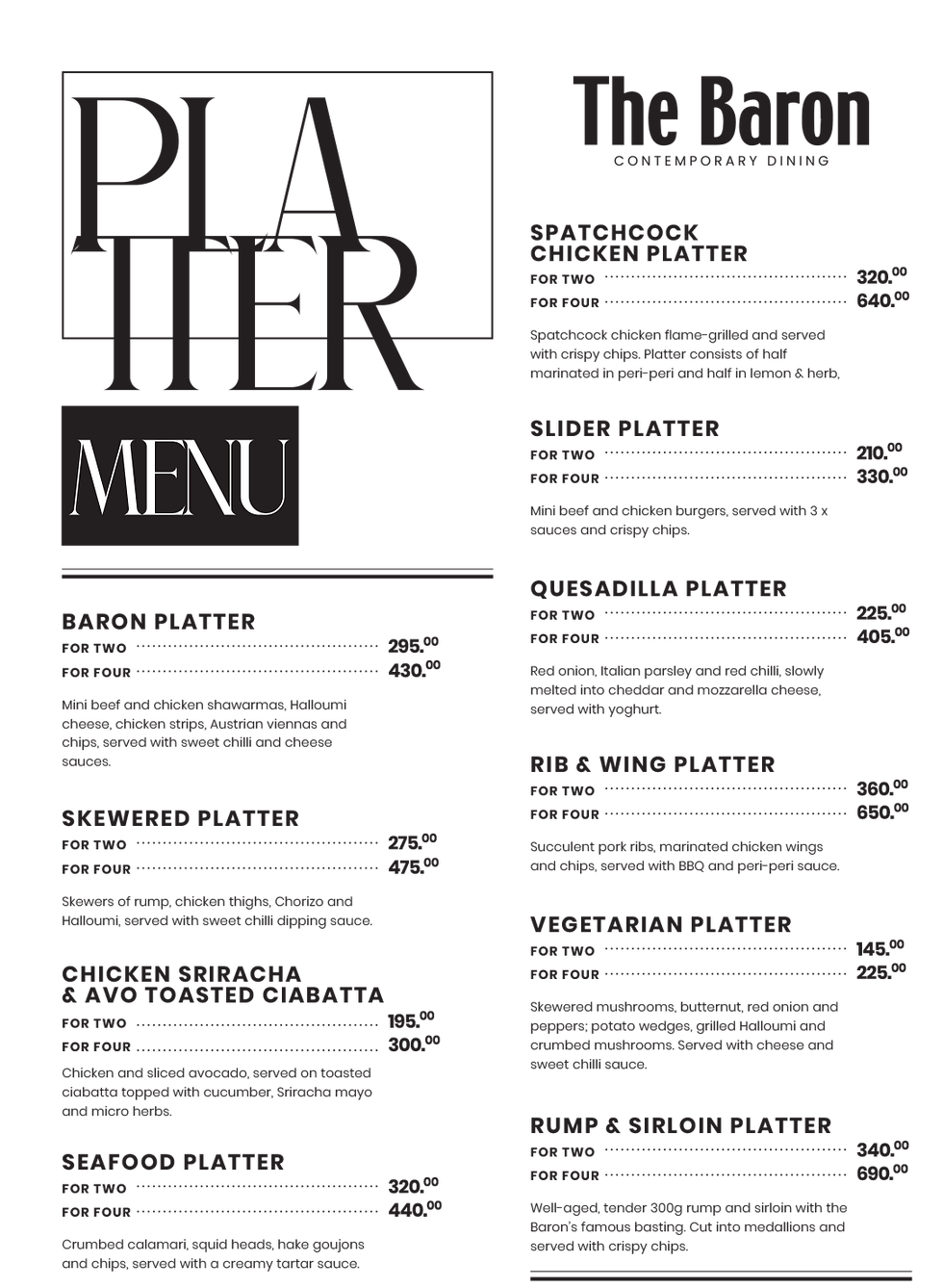 Baron Menu Platter Menu | The Baron