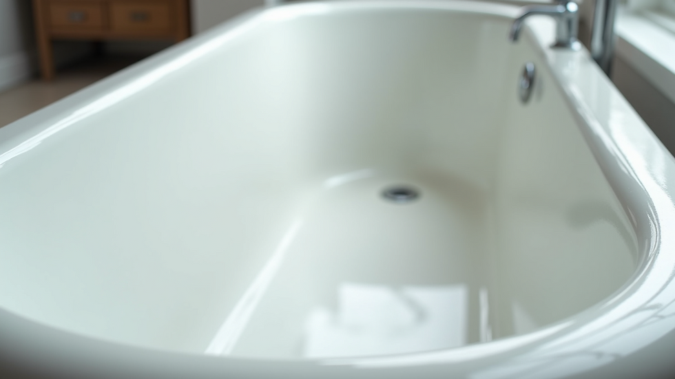 Eye-level view of a freshly reglazed white bathtub with shiny finish