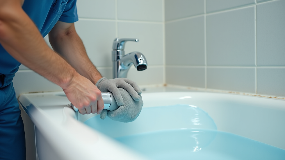 Eye-level view of a professional applying refinishing coating to a bathtub