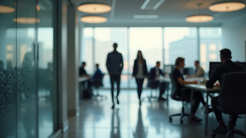Wide angle view of a bustling modern office environment