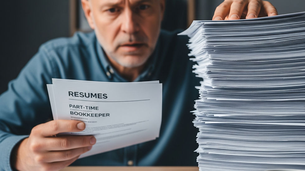 Man in blue shirt reviews a large stack of resumes for a part-time bookkeeper job. Papers cover desk; white cup sits nearby. Looks concerned.