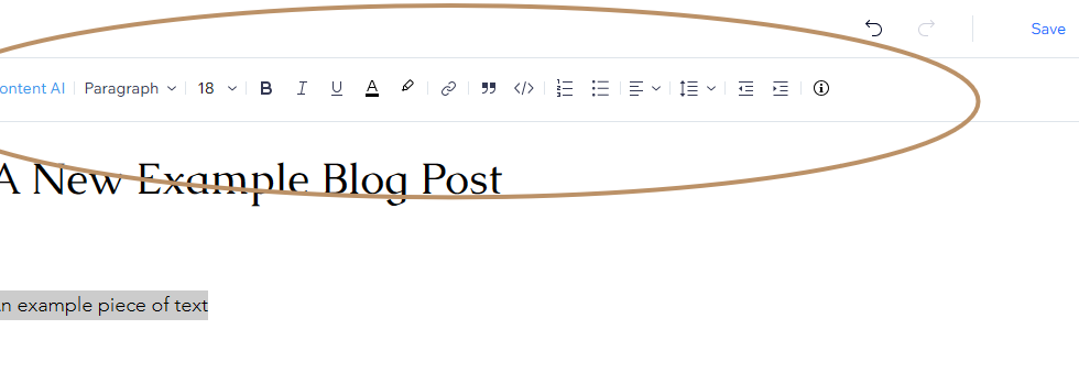 The Wix Blog Post Composer and menu for formatting a new post.