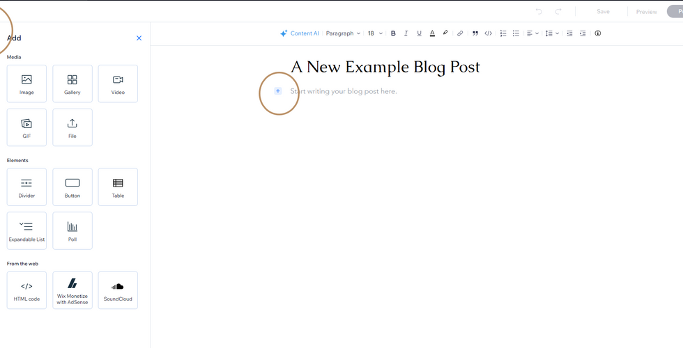 The Wix Blog Post Composer and Add menu for creating a new post