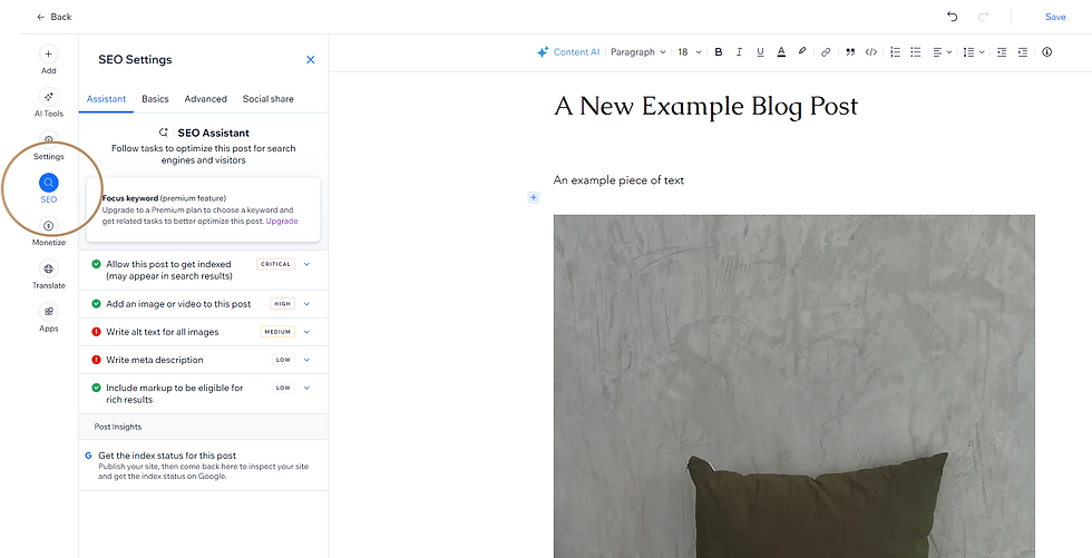 Wix Blog post SEO settings panel showing tasks for blog optimisation.